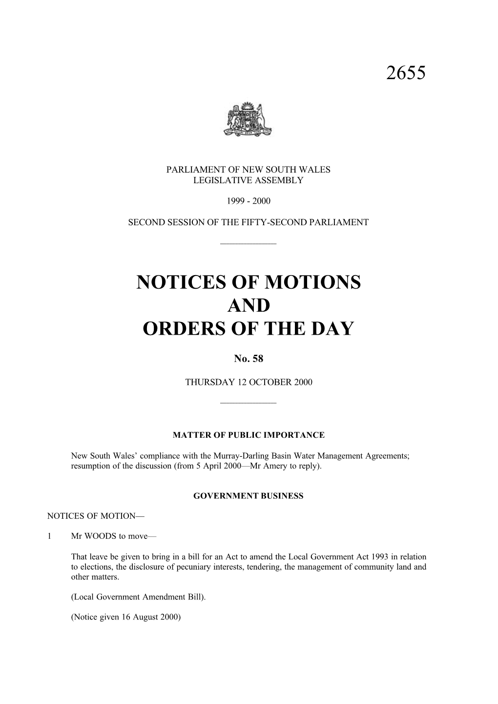 2655 Notices of Motions and Orders of The