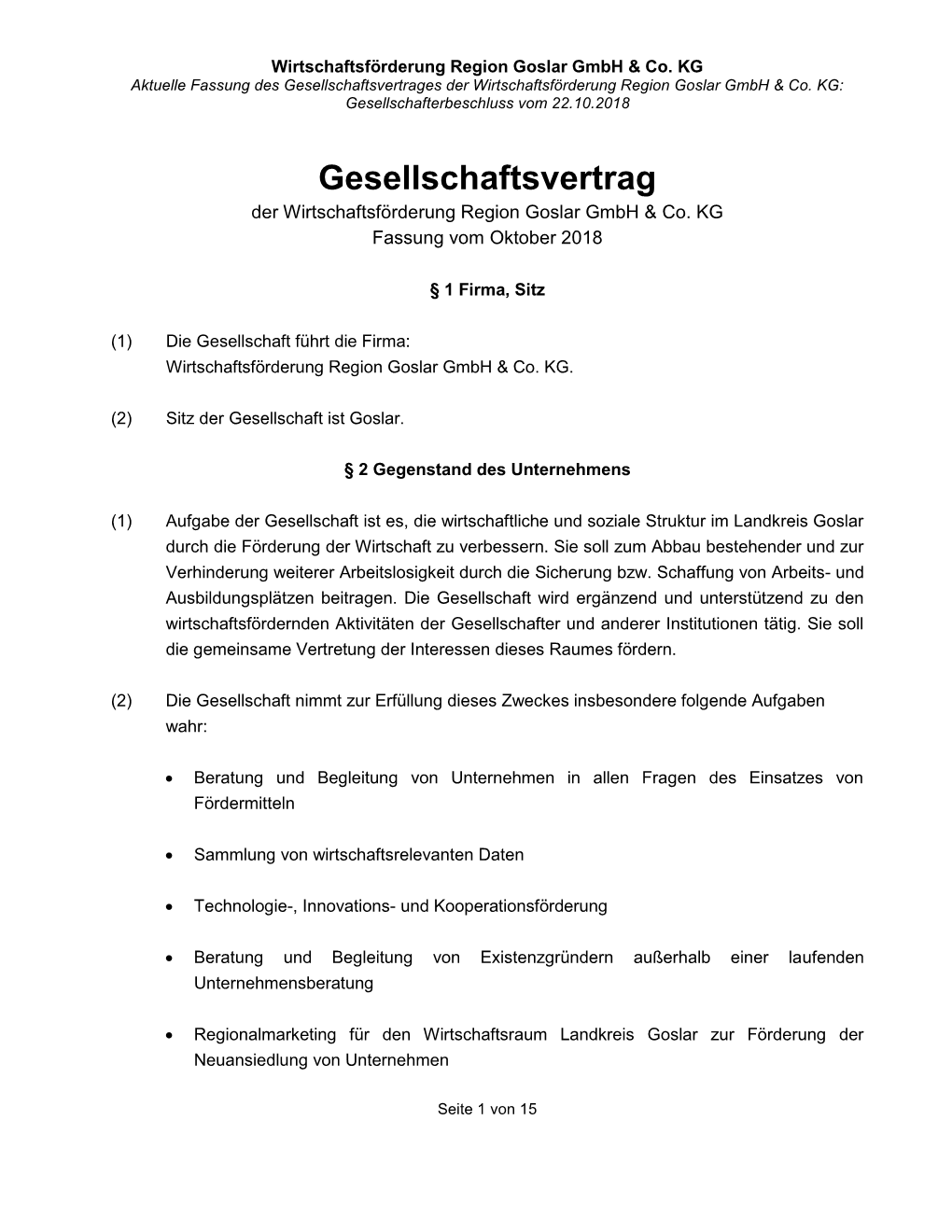 Gesellschaftsvertrages Der Wirtschaftsförderung Region Goslar Gmbh & Co