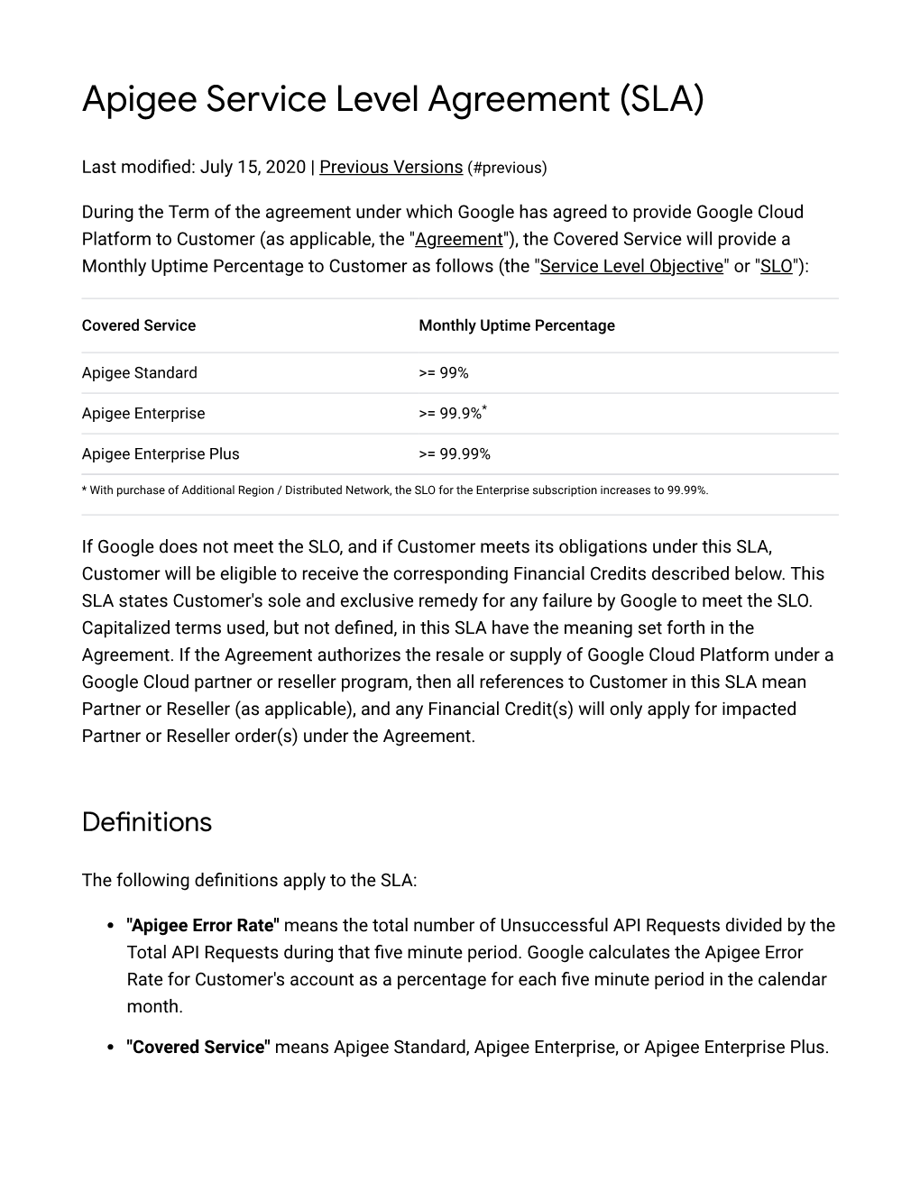 Apigee Service Level Agreement (SLA)