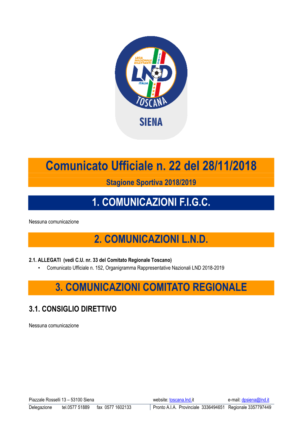 Comunicato Ufficiale N. 22 Del 28/11/2018