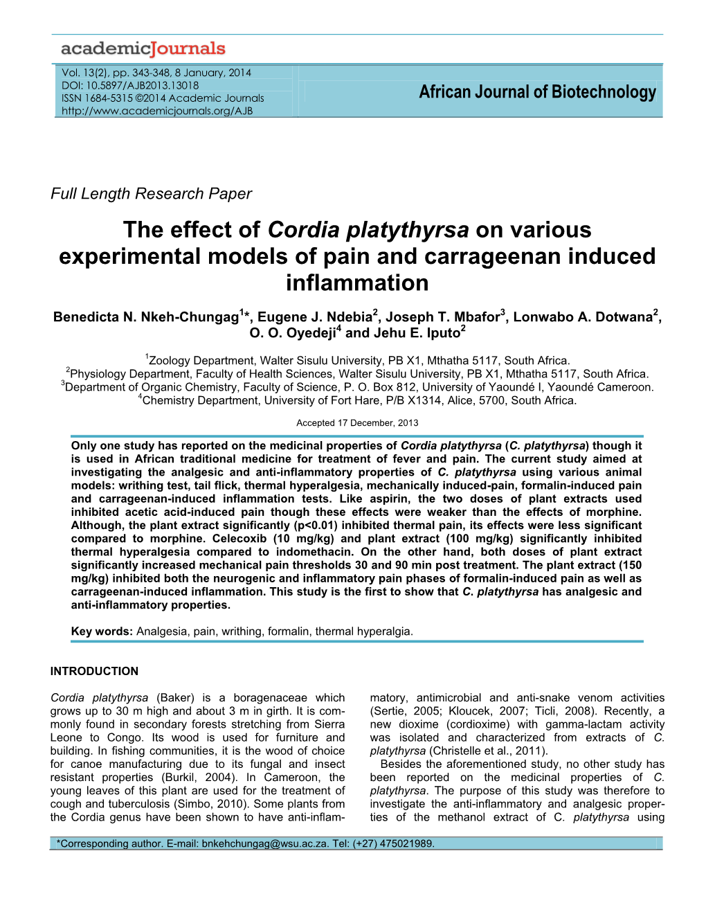 The Effect of Cordia Platythyrsa on Various Experimental Models of Pain and Carrageenan Induced Inflammation