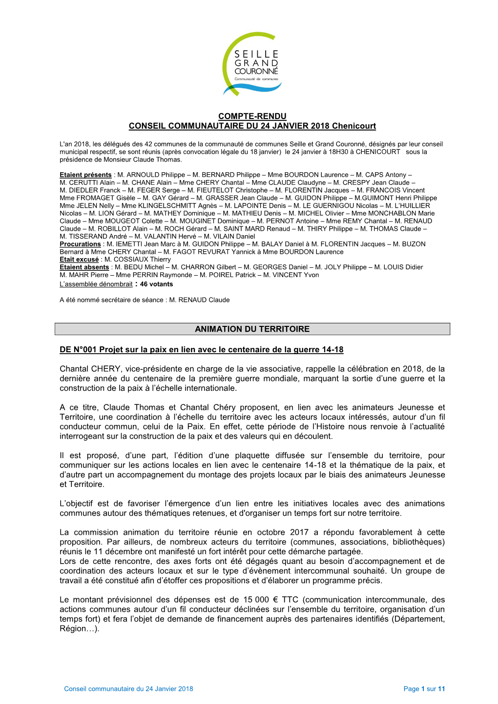 COMPTE-RENDU CONSEIL COMMUNAUTAIRE DU 24 JANVIER 2018 Chenicourt