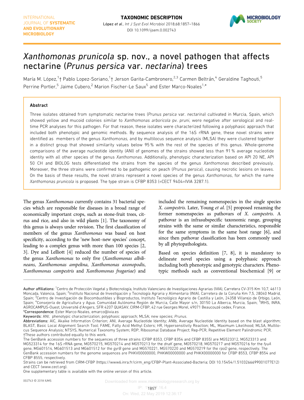 Xanthomonas Prunicola Sp. Nov., a Novel Pathogen That Affects Nectarine (Prunus Persica Var