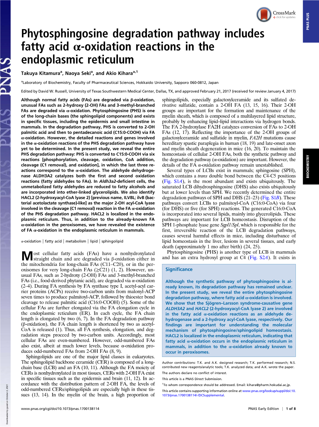 Phytosphingosine Degradation Pathway Includes Fatty Acid Α