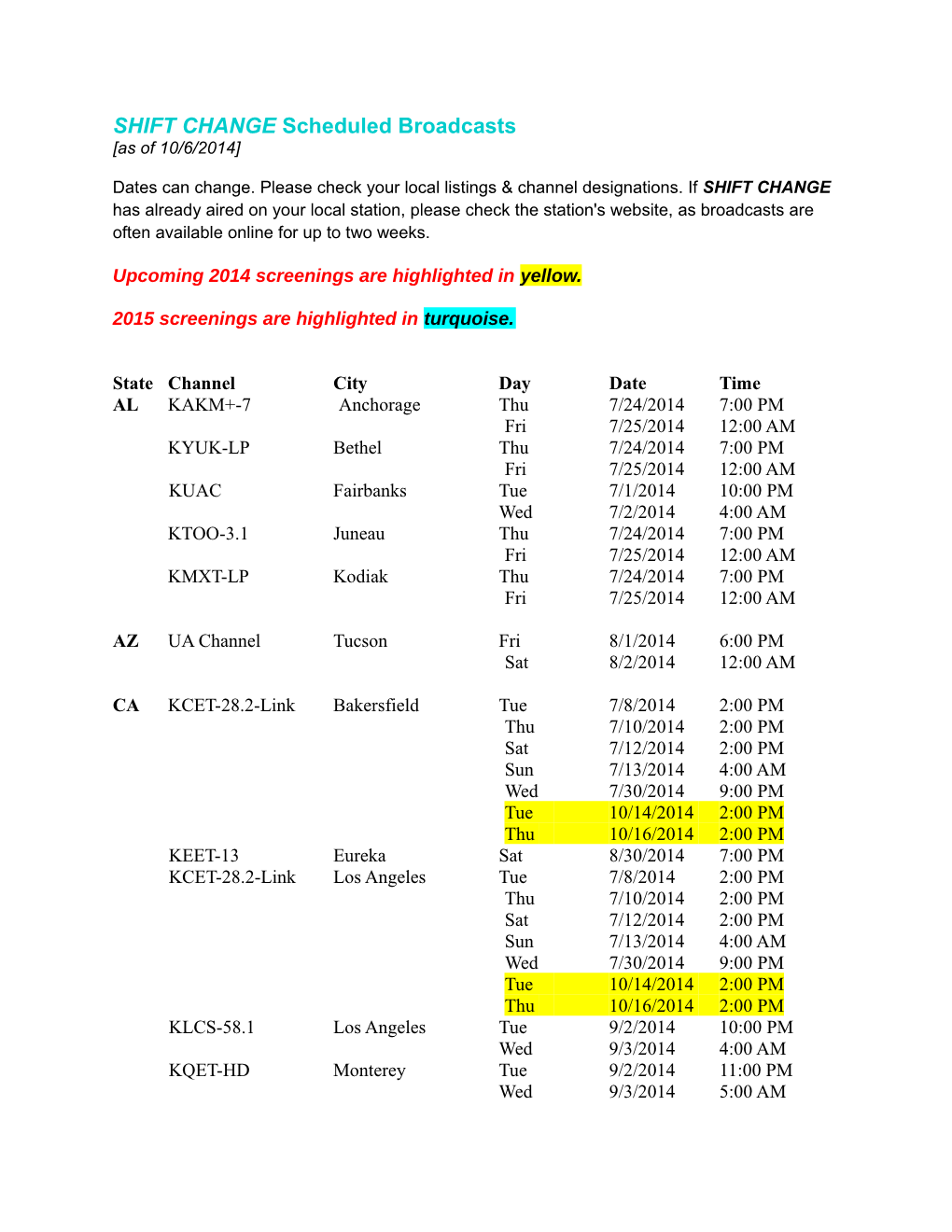 PBS Broadcast Schedule 10-6-14