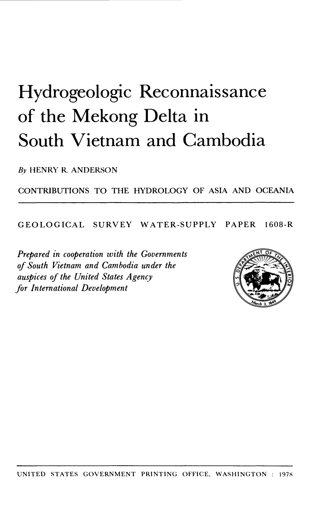 Hydrogeologic Reconnaissance of the Mekong Delta in South Vietnam and Cambodia
