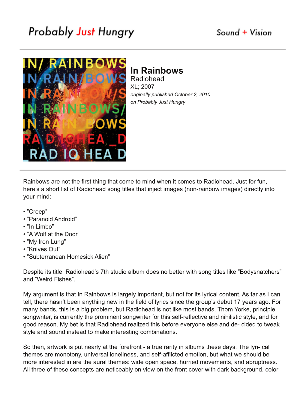 In Rainbows Radiohead XL; 2007 Originally Published October 2, 2010 on Probably Just Hungry