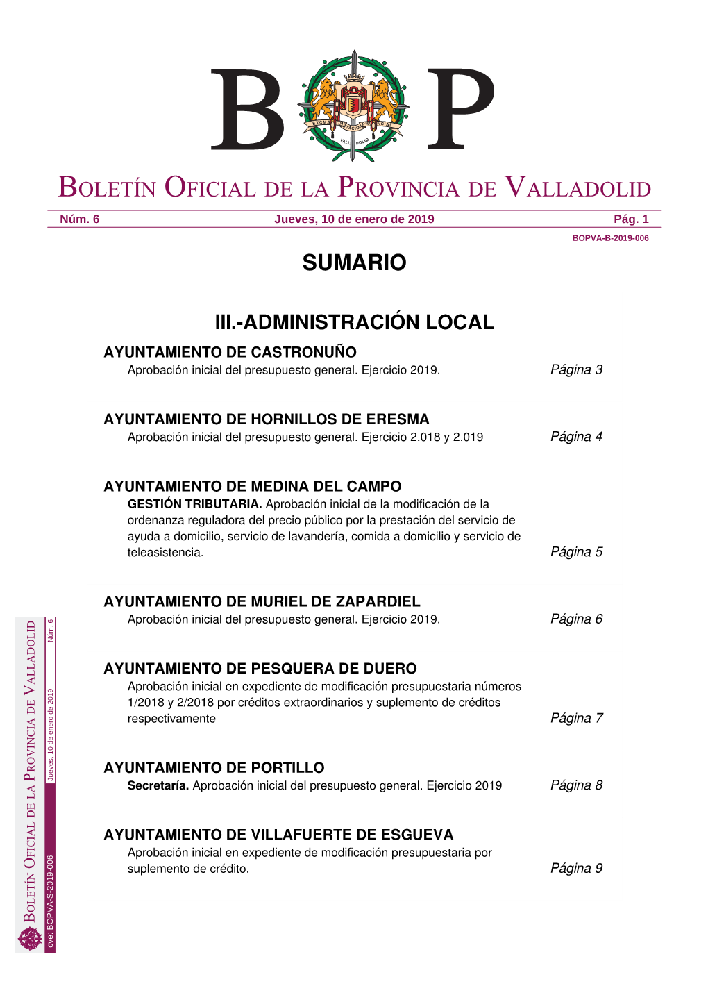 Sumario Boletín Oficial De La Provincia De Valladolid