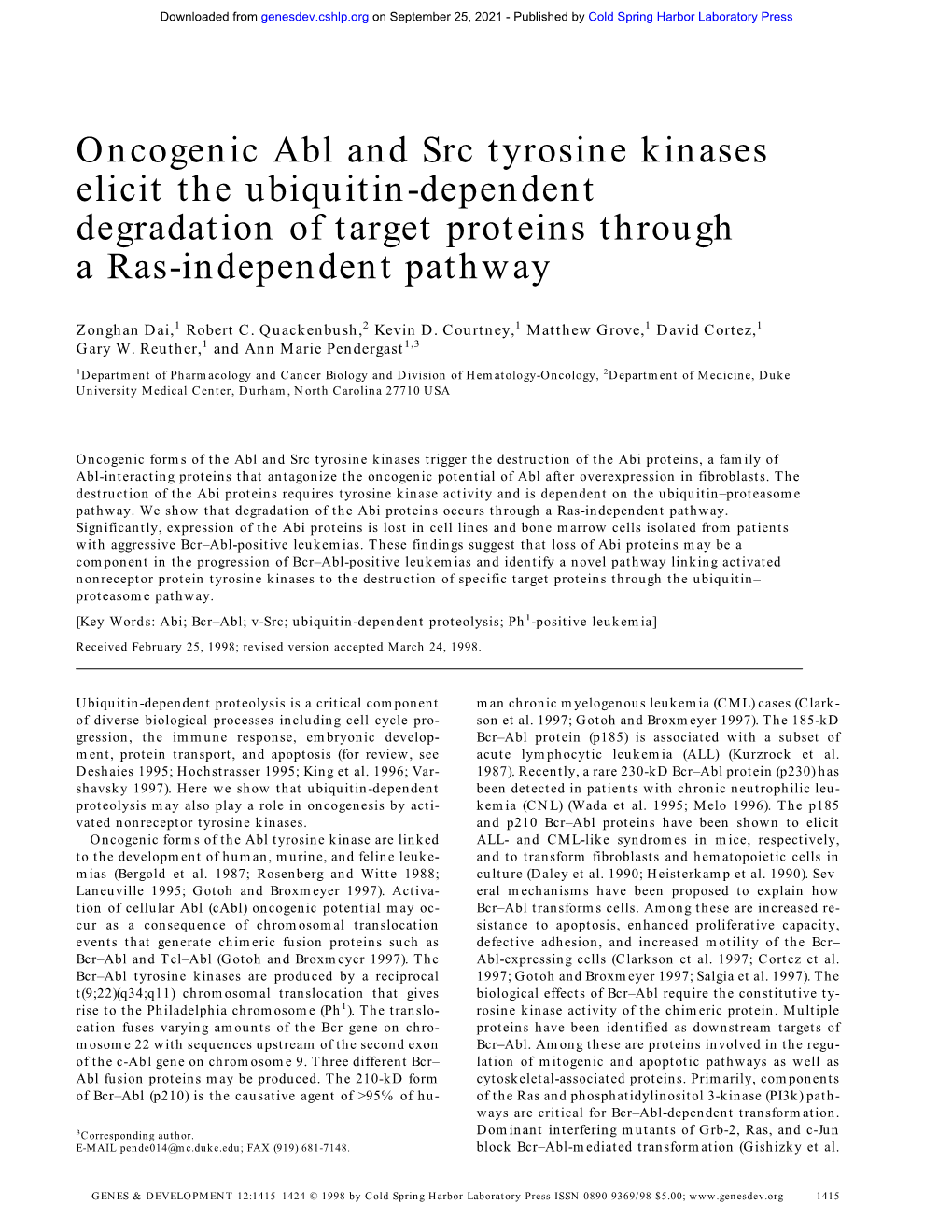 Oncogenic Abl and Src Tyrosine Kinases Elicit the Ubiquitin-Dependent Degradation of Target Proteins Through a Ras-Independent Pathway