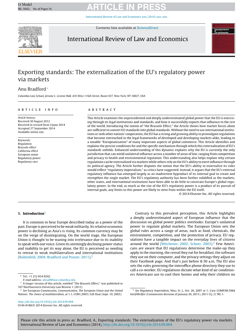 Exporting Standards: the Externalization of the EU's Regulatory Power Via Markets