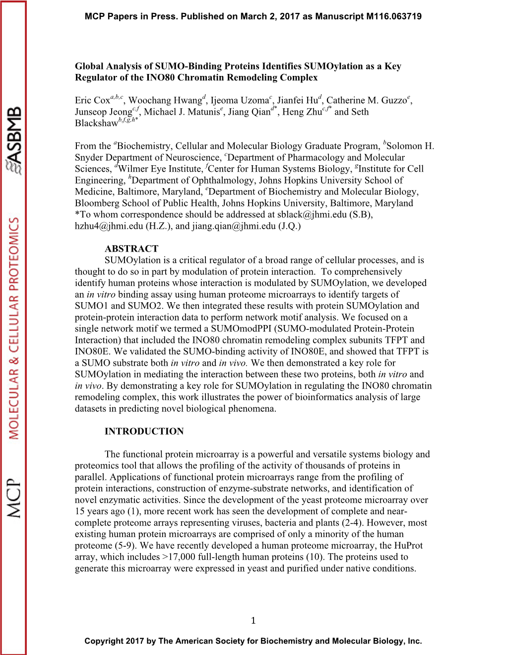 Global Analysis of SUMO-Binding Proteins Identifies Sumoylation As a Key Regulator of the INO80 Chromatin Remodeling Complex