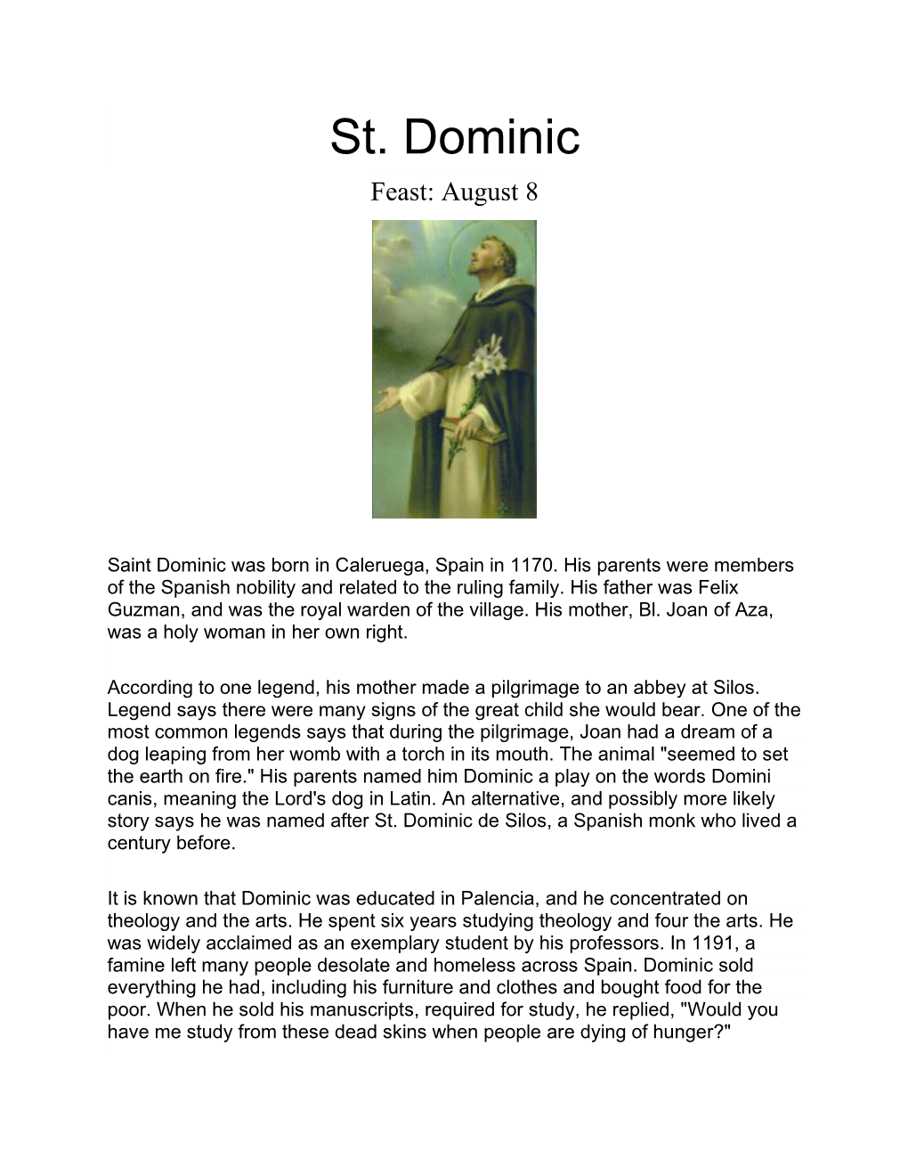 St. Dominic Feast: August 8