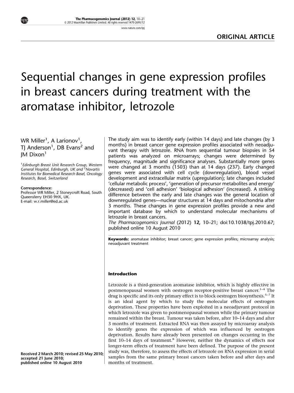 Sequential Changes in Gene Expression Profiles in Breast Cancers During Treatment with the Aromatase Inhibitor, Letrozole