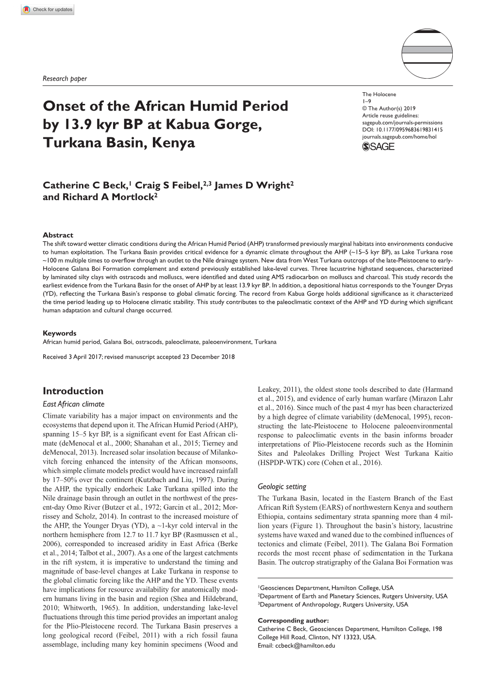 Onset of the African Humid Period by 13.9 Kyr BP at Kabua Gorge