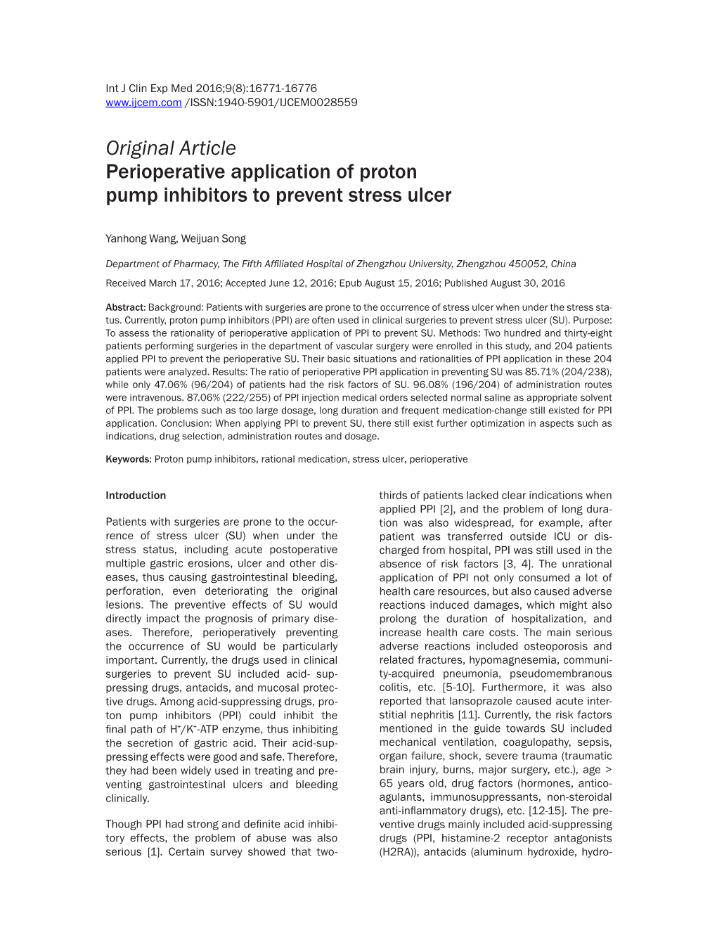 Original Article Perioperative Application of Proton Pump Inhibitors to Prevent Stress Ulcer