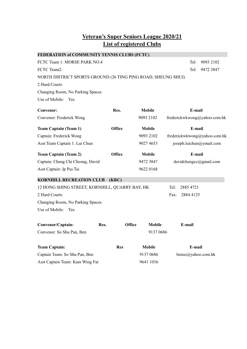 Veteran's Super Seniors League 2020/21 List of Registered Clubs