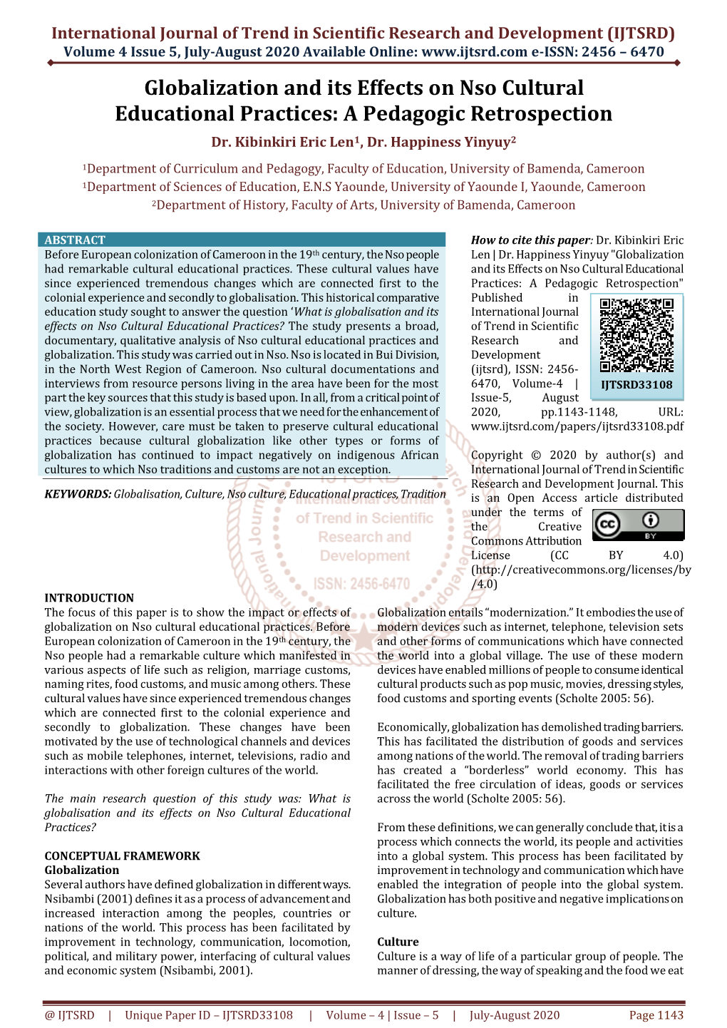 Globalization and Its Effects on Nso Cultural Educational Practices: a Pedagogic Retrospection Dr