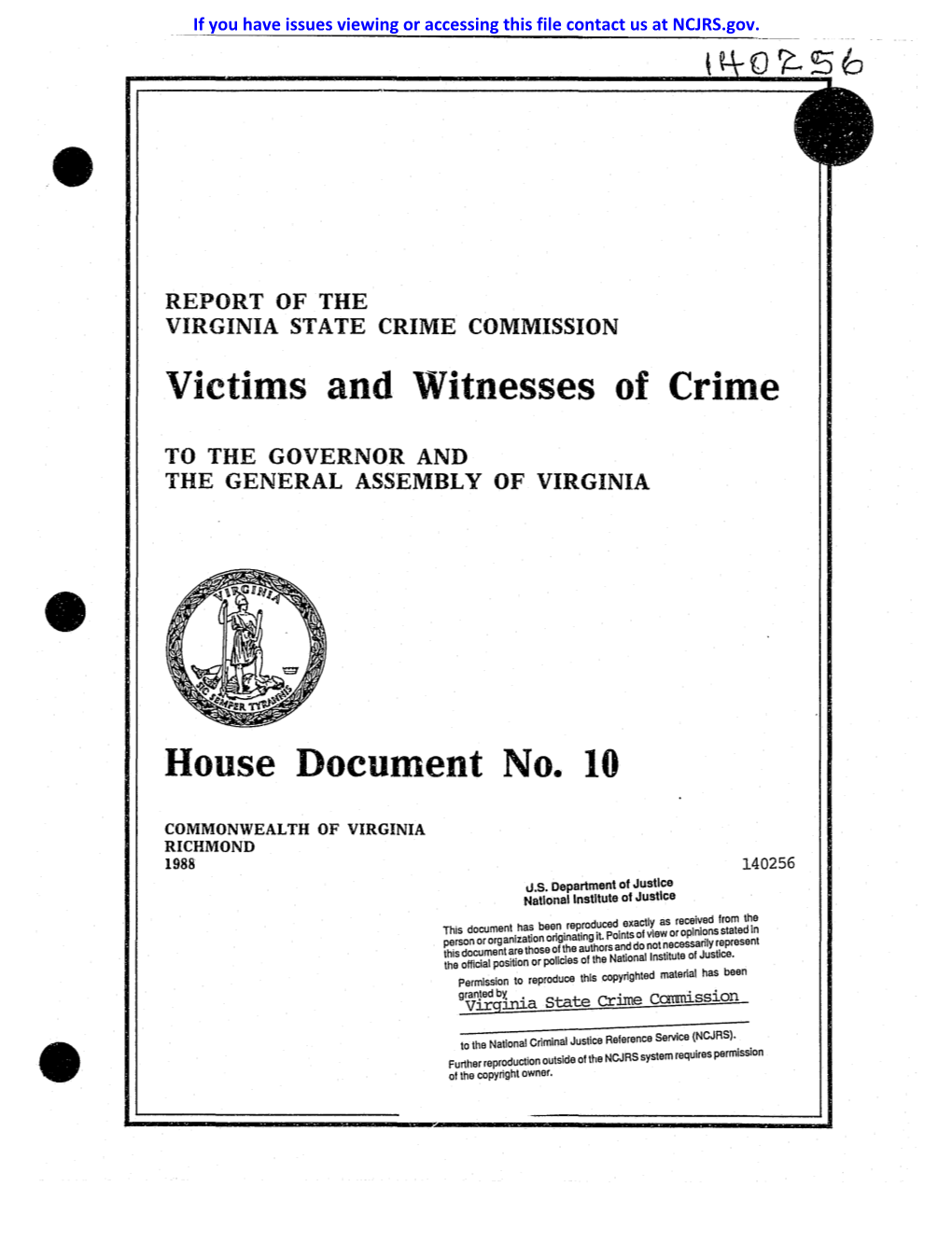 Victims and Witnesses of Crime House Document No. 10