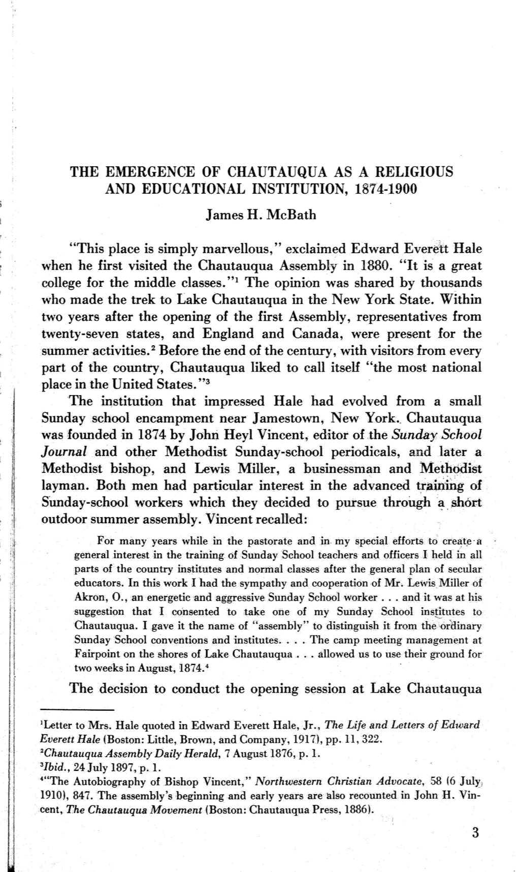 THE EMERGENCE of CHAUTAUQUA AS a RELIGIOUS and EDUCAT10NAL INSTITUTION., 187'4-1900 Es M James H