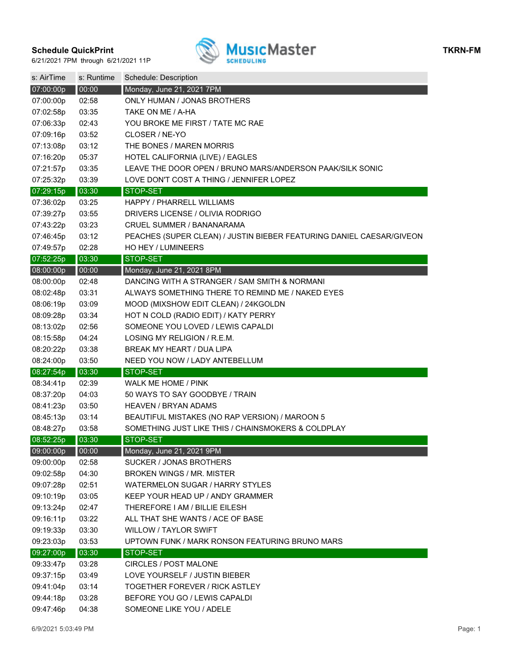 Schedule Quickprint TKRN-FM