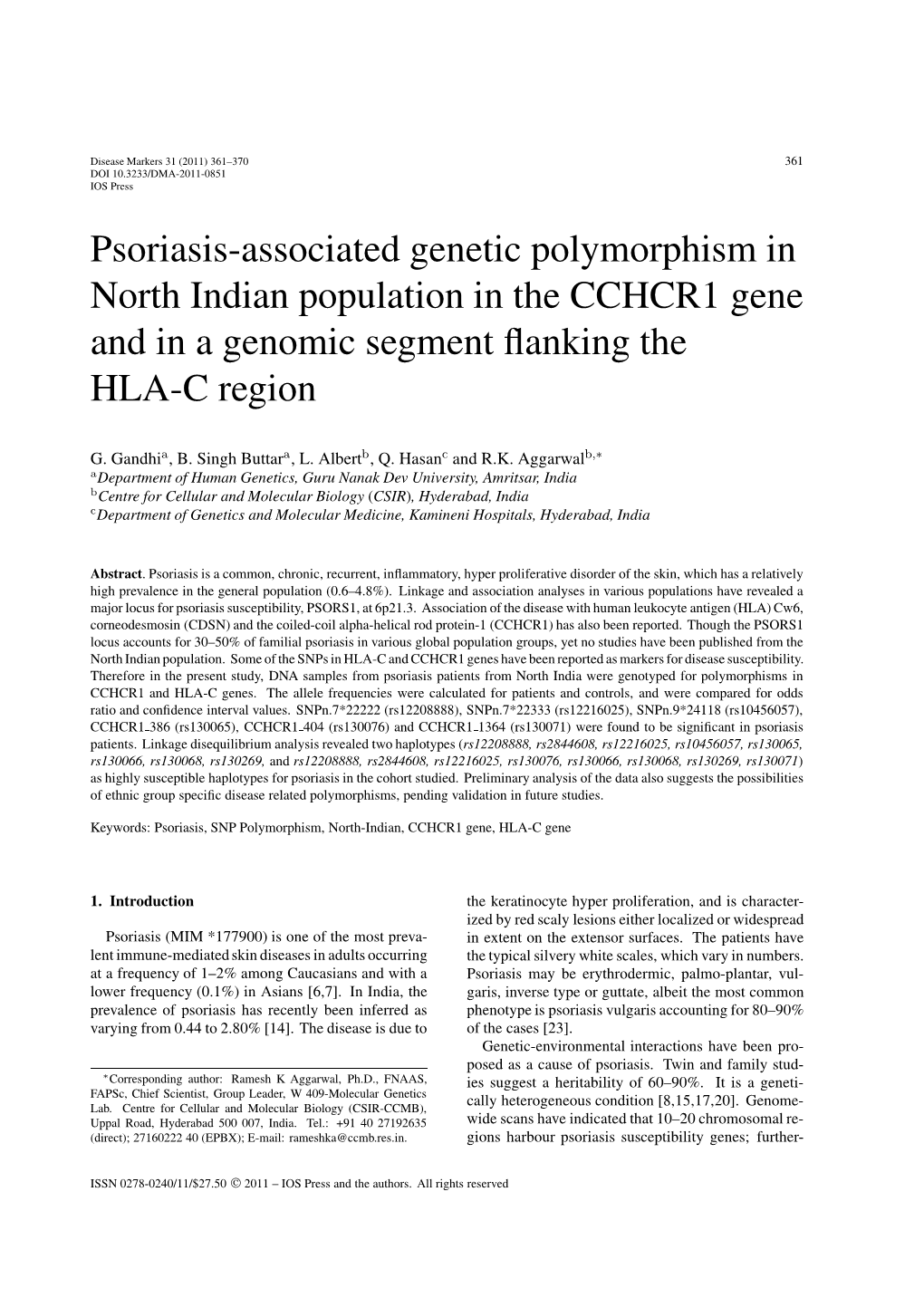 Psoriasis-Associated Genetic Polymorphism in North Indian Population in the CCHCR1 Gene and in a Genomic Segment Flanking the HL