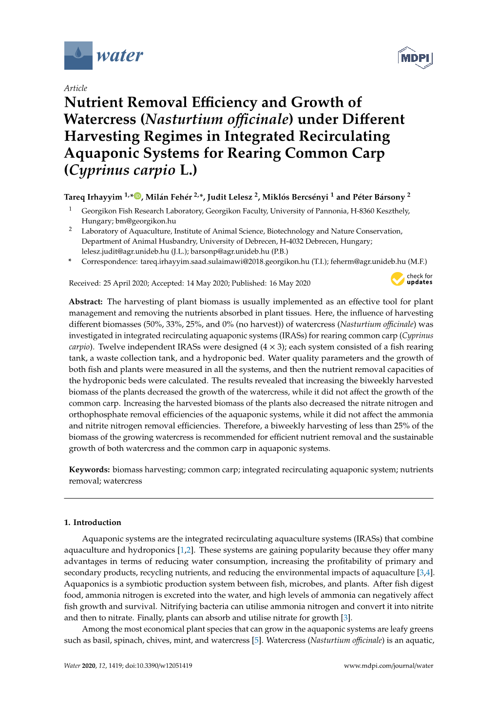 Nutrient Removal Efficiency and Growth of Watercress