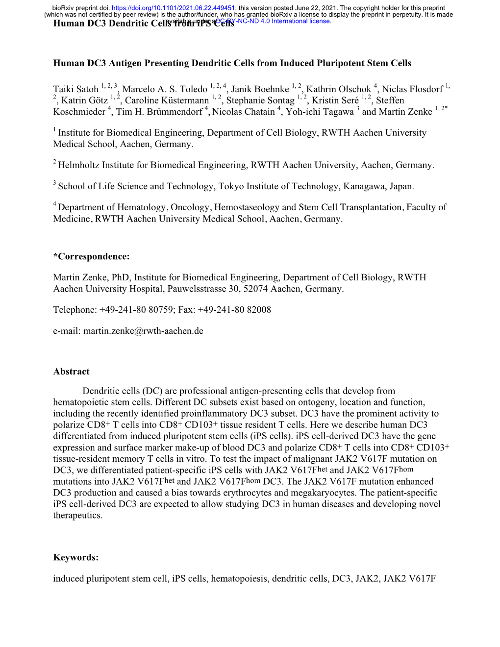 Human DC3 Antigen Presenting Dendritic Cells from Induced Pluripotent Stem Cells