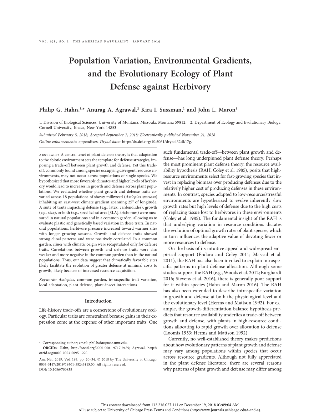 Population Variation, Environmental Gradients, and the Evolutionary Ecology of Plant Defense Against Herbivory