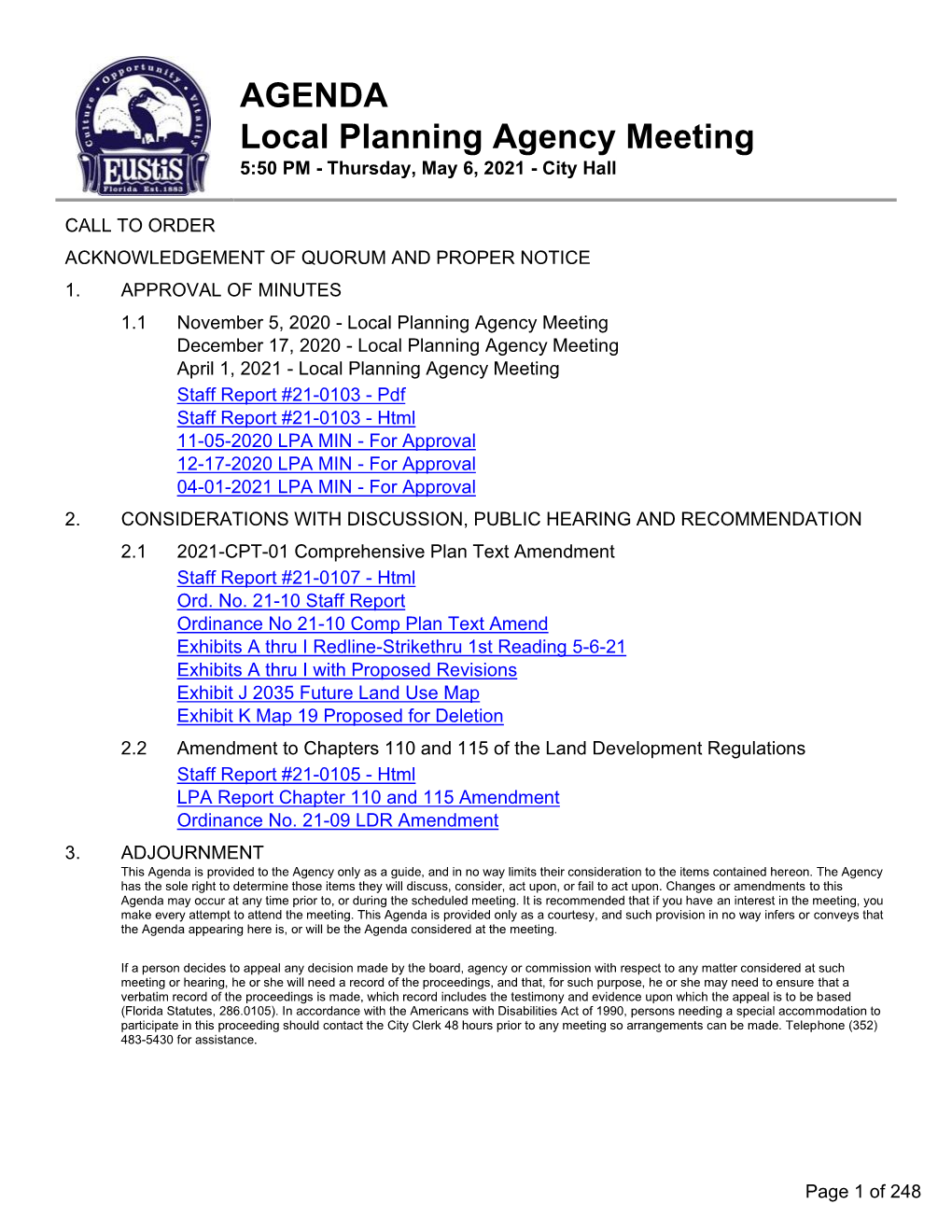 Local Planning Agency Meeting 5:50 PM - Thursday, May 6, 2021 - City Hall