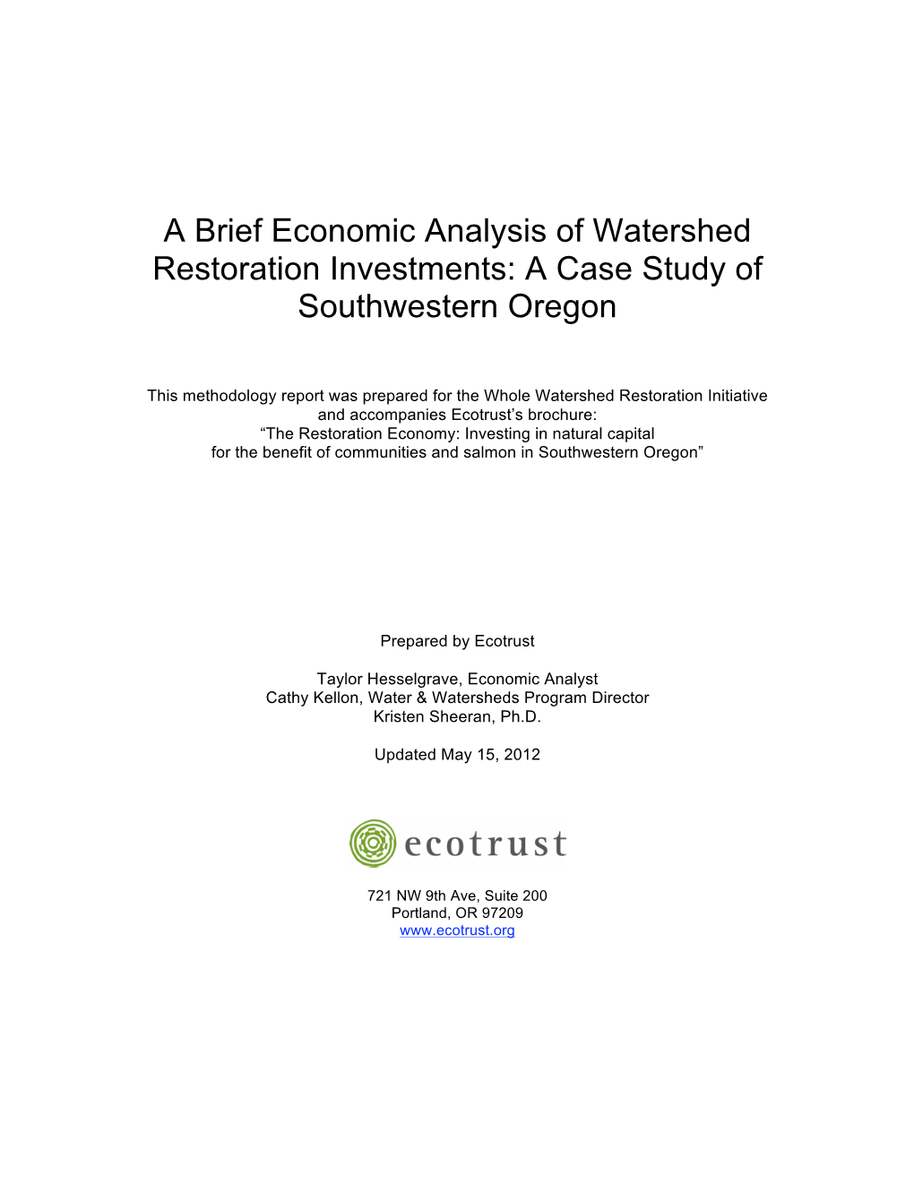 Methods for Value of Watershed Restoration 2.2.12B
