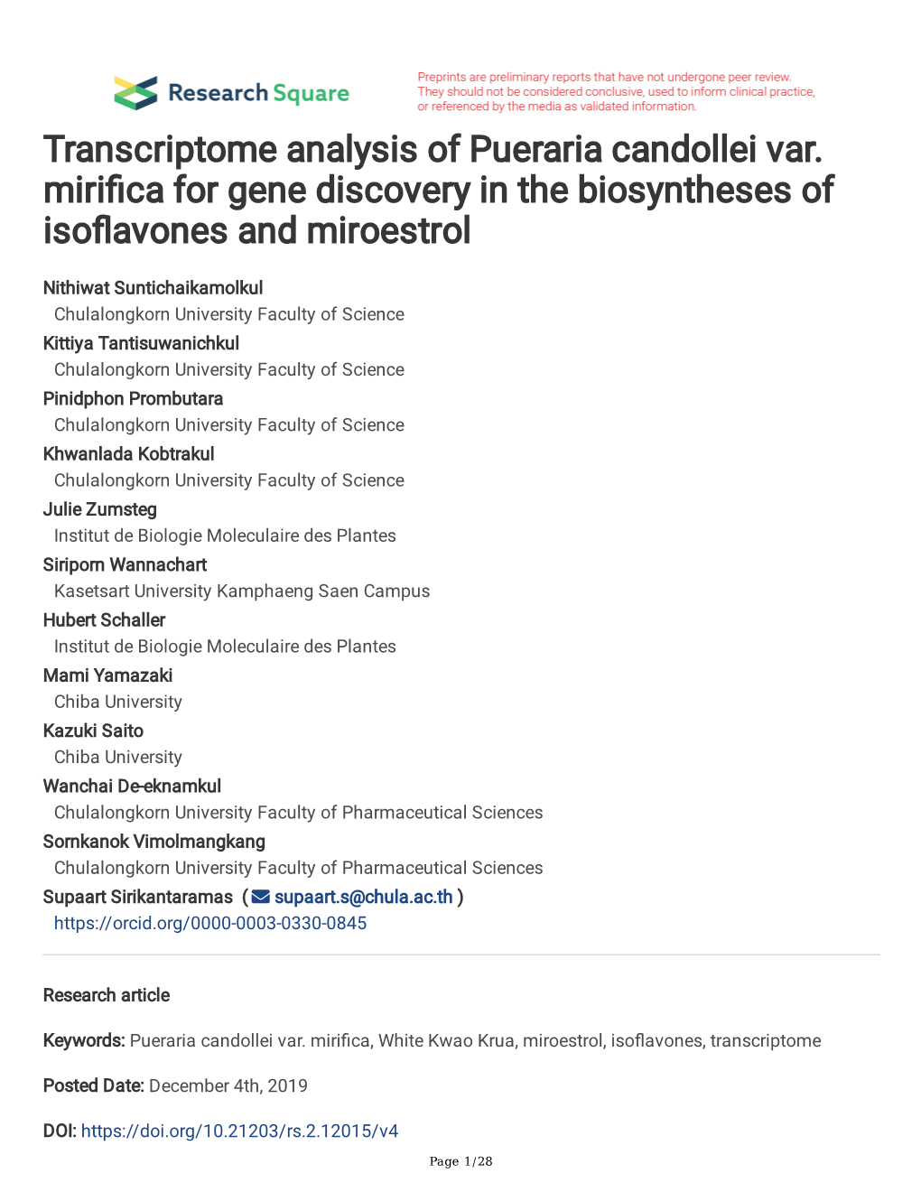 Transcriptome Analysis of Pueraria Candollei Var. Mirifica for Gene Discovery in the Biosyntheses of Isoflavones and Miroestrol