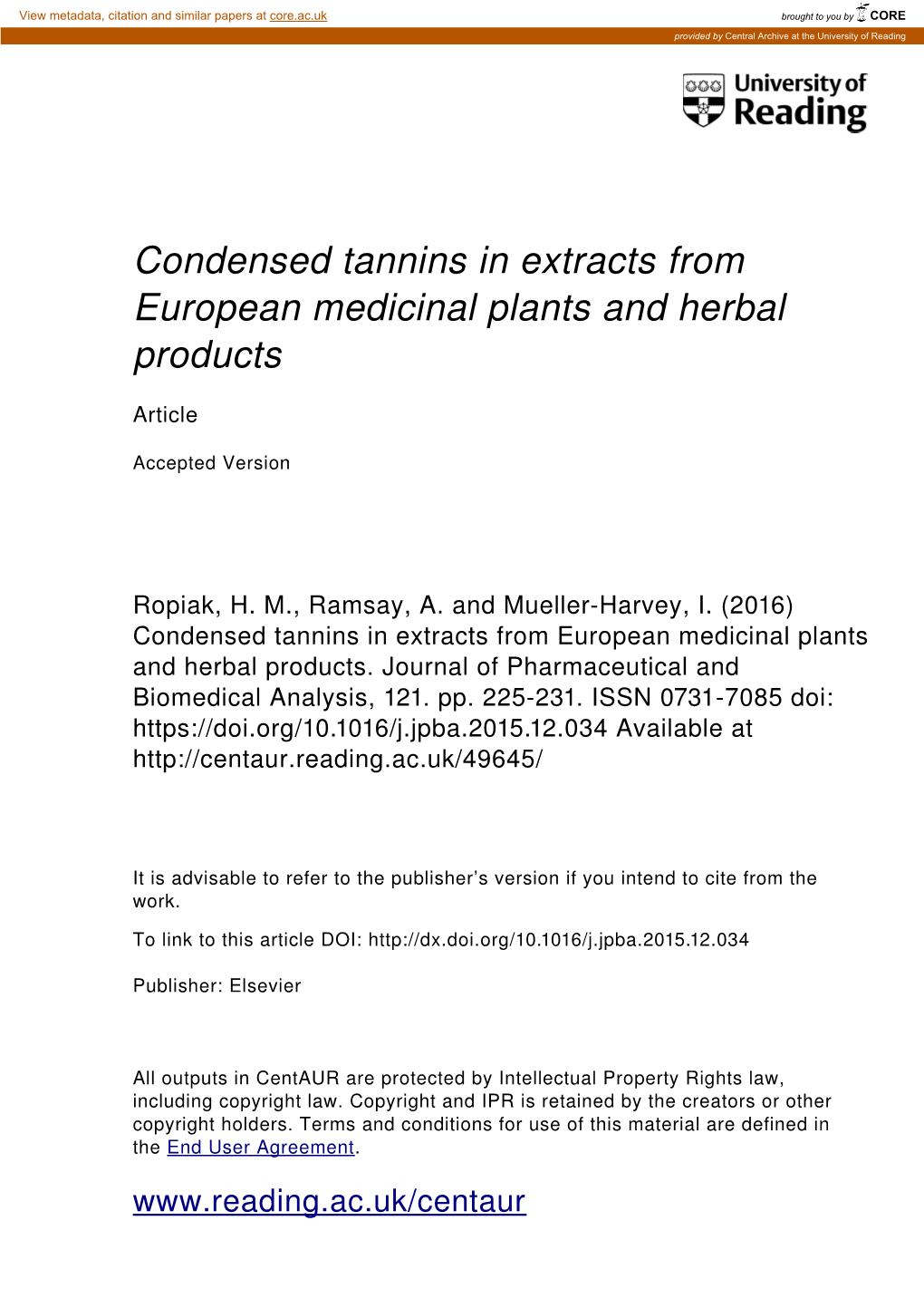 Condensed Tannins in Extracts from European Medicinal Plants and Herbal Products