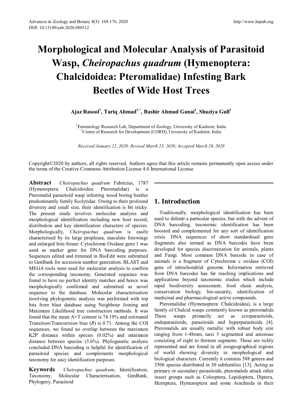 Morphological and Molecular Analysis of Parasitoid Wasp, Cheiropachus Quadrum (Hymenoptera: Chalcidoidea: Pteromalidae) Infesting Bark Beetles of Wide Host Trees