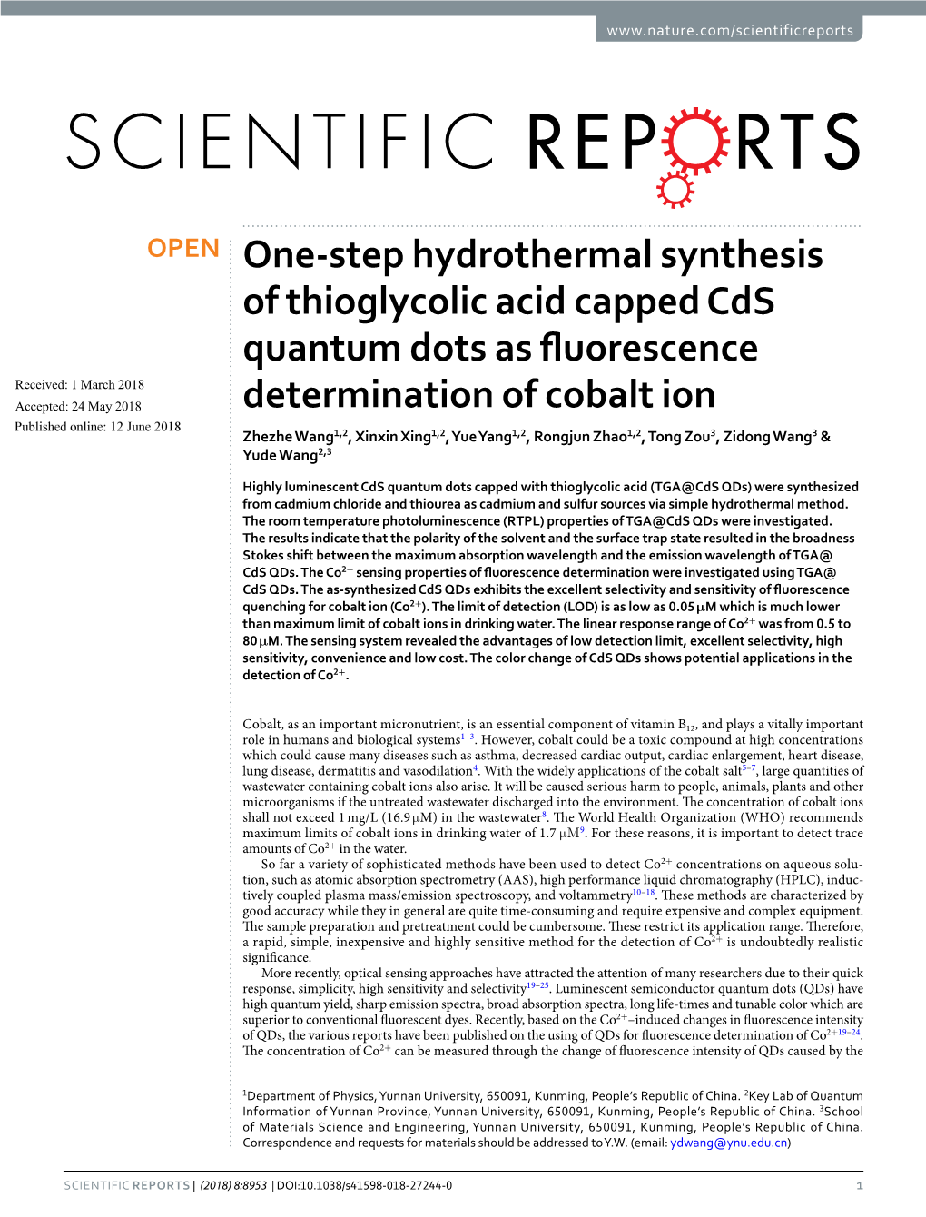 One-Step Hydrothermal Synthesis of Thioglycolic Acid Capped Cds