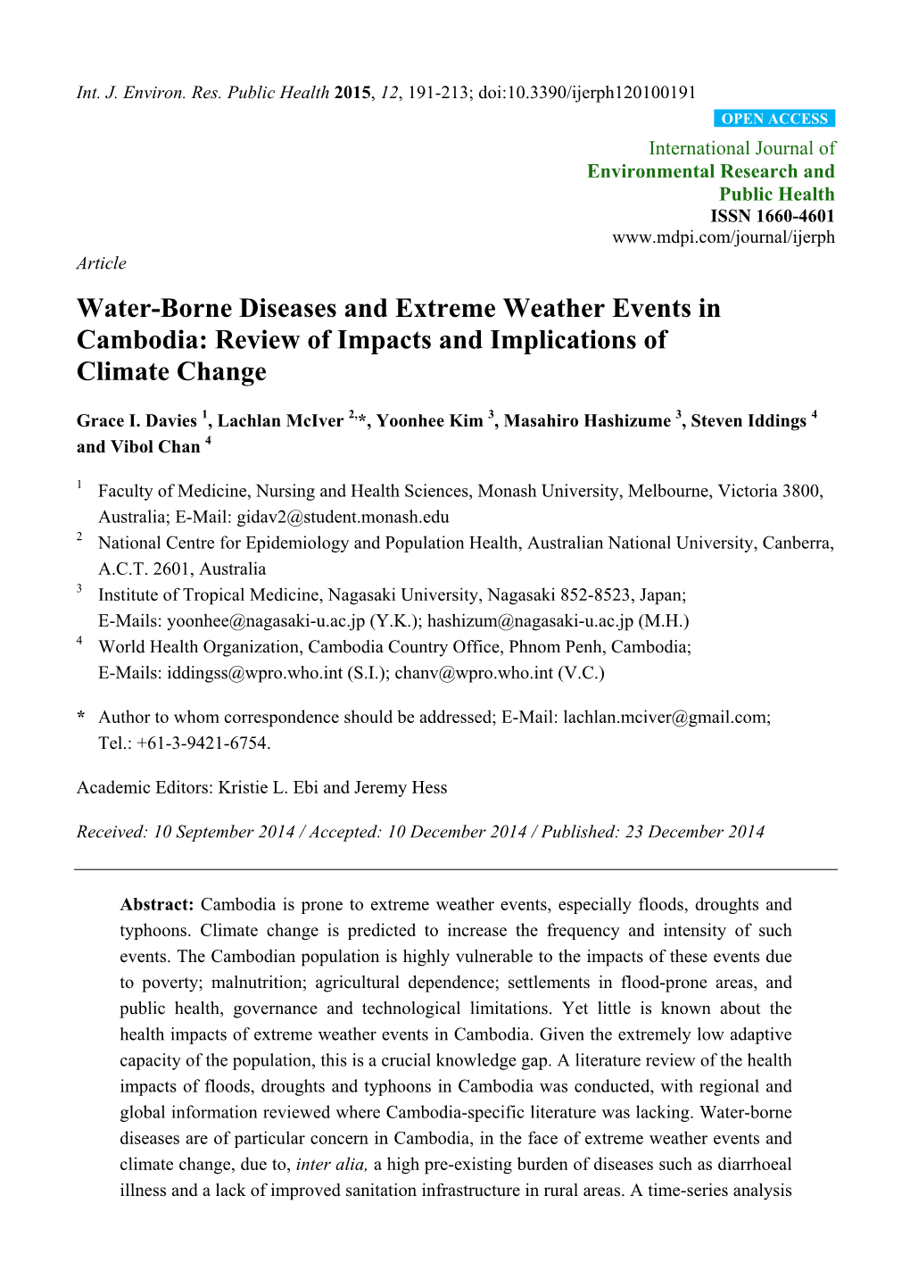 Water-Borne Diseases and Extreme Weather Events in Cambodia: Review of Impacts and Implications of Climate Change