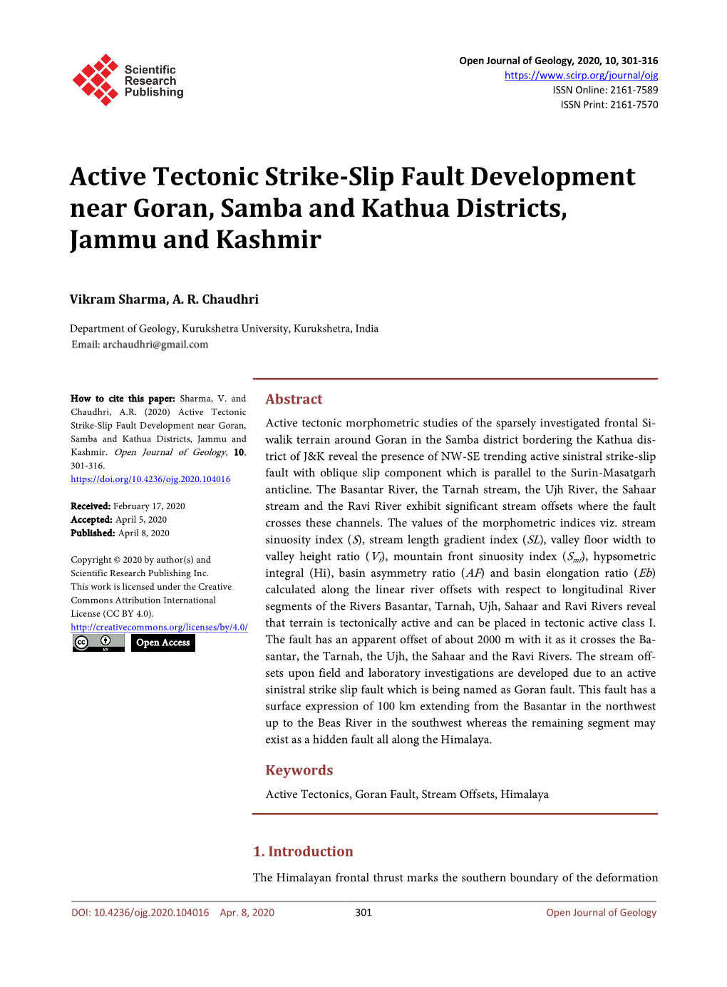 Active Tectonic Strike-Slip Fault Development Near Goran, Samba and Kathua Districts, Jammu and Kashmir