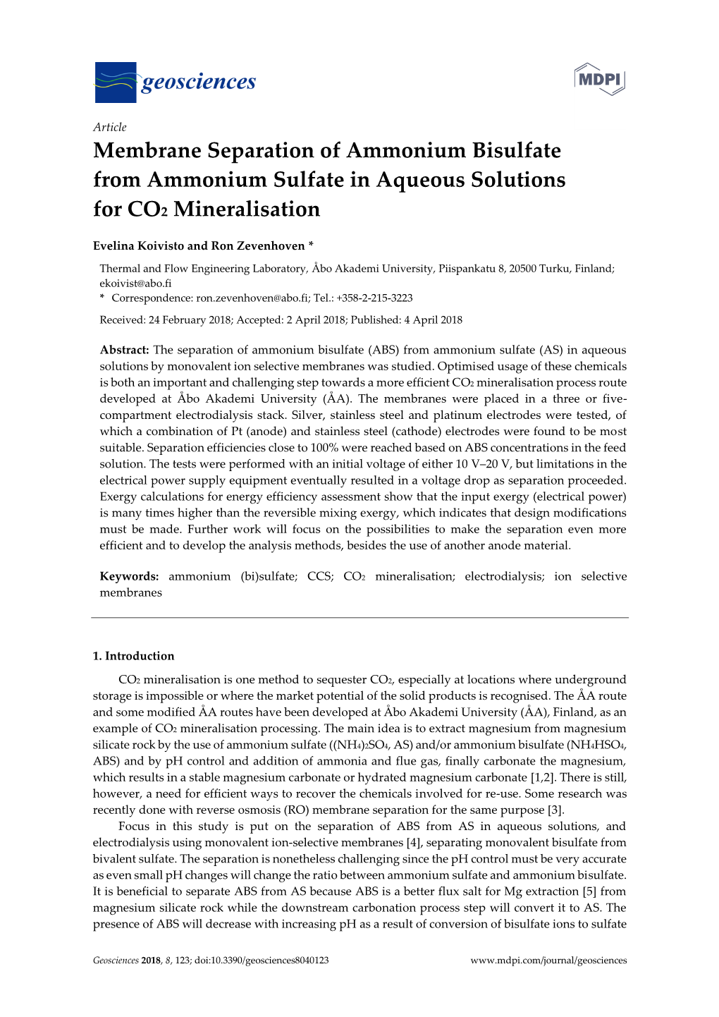 Membrane Separation of Ammonium Bisulfate from Ammonium Sulfate in Aqueous Solutions for CO2 Mineralisation