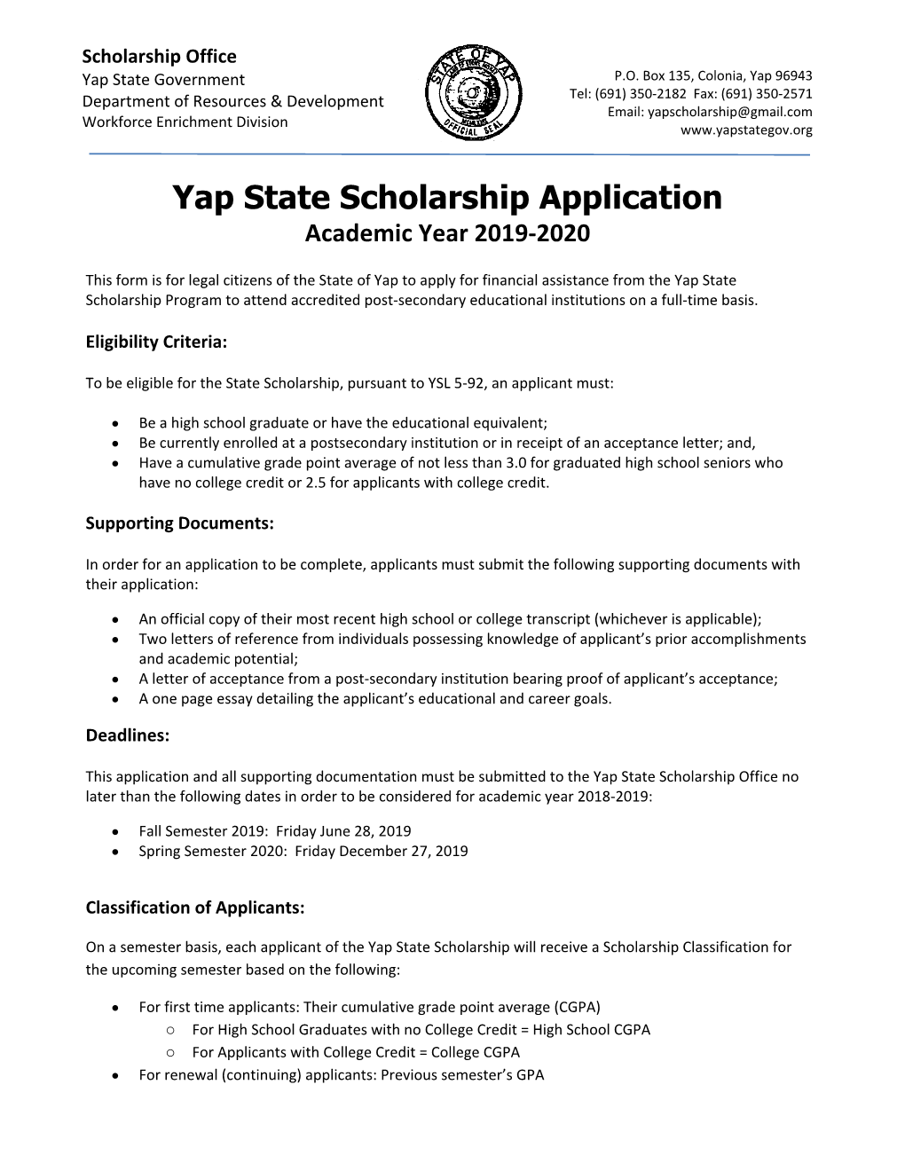 Yap State Scholarship Application Academic Year 2019-2020