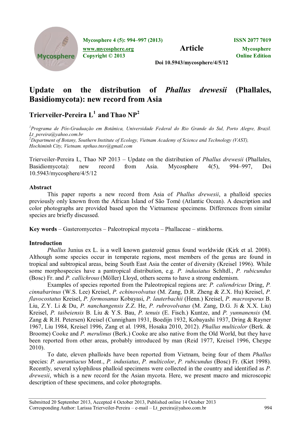 Update on the Distribution of Phallus Drewesii (Phallales, Basidiomycota): New Record from Asia