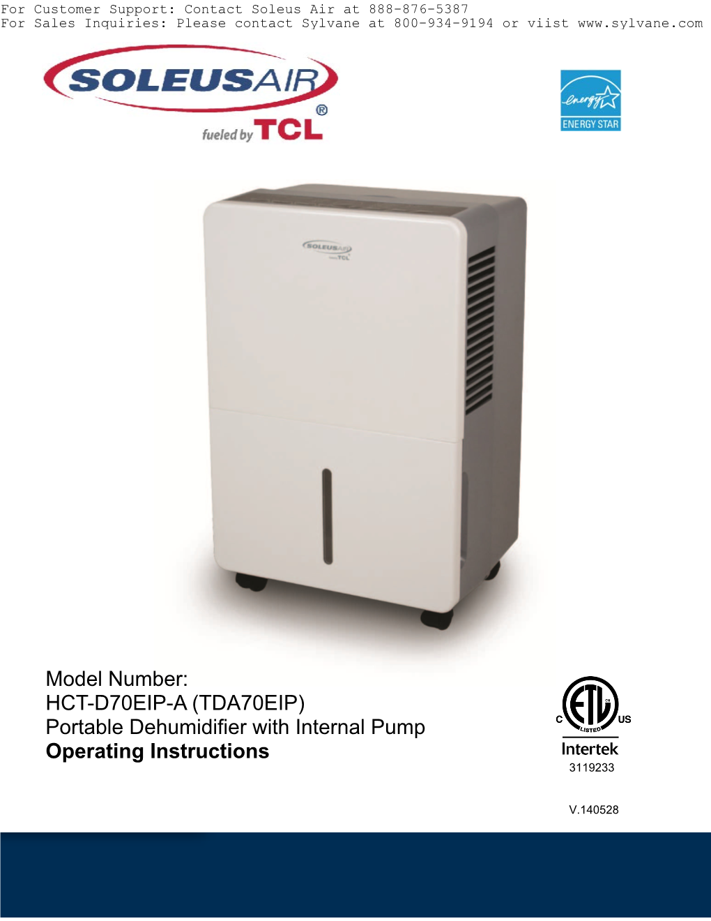 Owner's Manual: Soleus Air HCT-D70EIP-A Dehumidifier