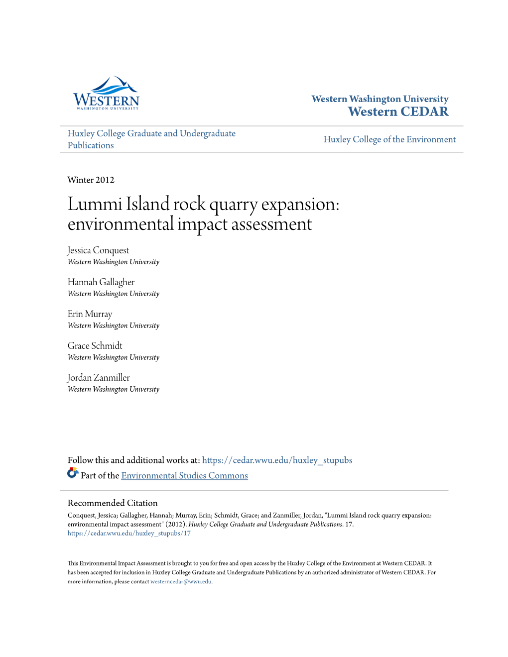 Lummi Island Rock Quarry Expansion: Environmental Impact Assessment Jessica Conquest Western Washington University