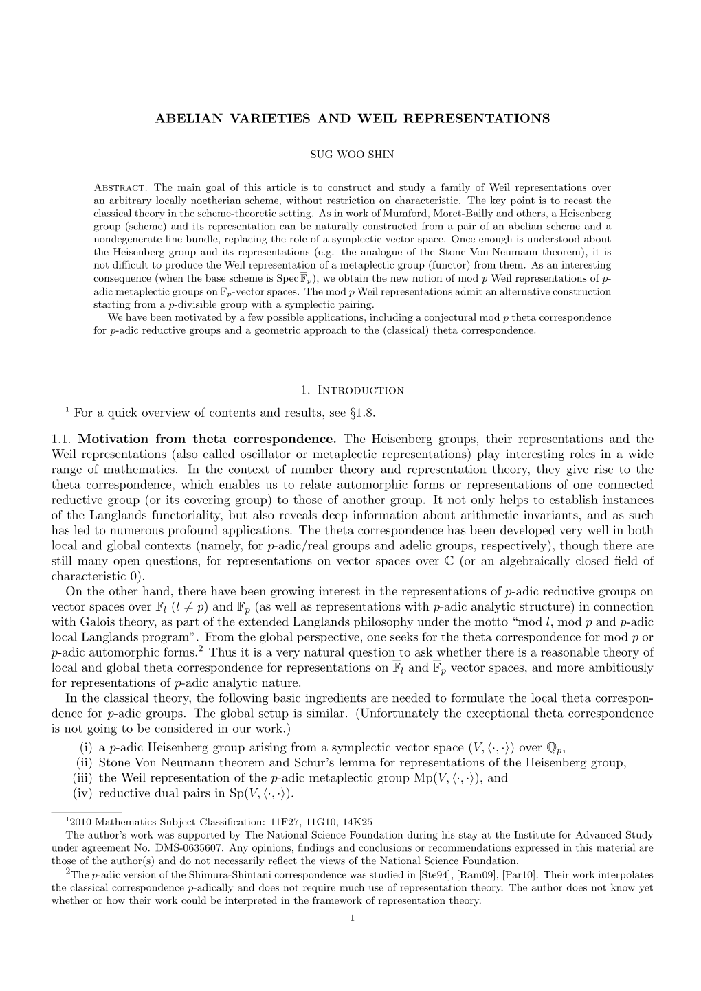 ABELIAN VARIETIES and WEIL REPRESENTATIONS 1. Introduction 1 for a Quick Overview of Contents and Results, See §1.8. 1.1. Motiv