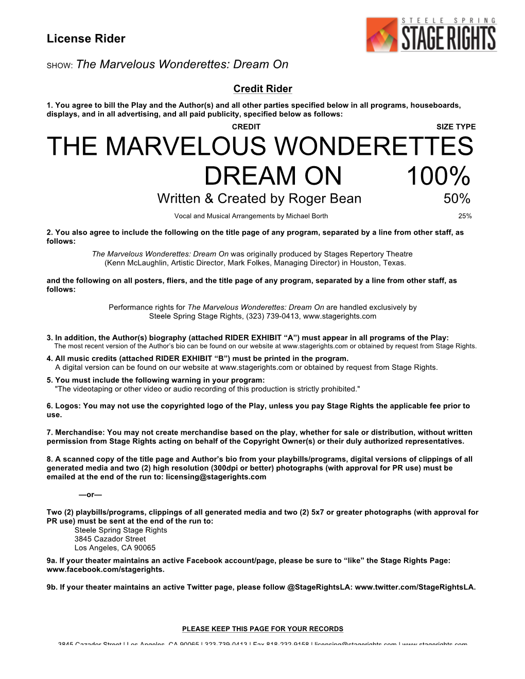 THE MARVELOUS WONDERETTES DREAM on 100% Written & Created by Roger Bean 50%