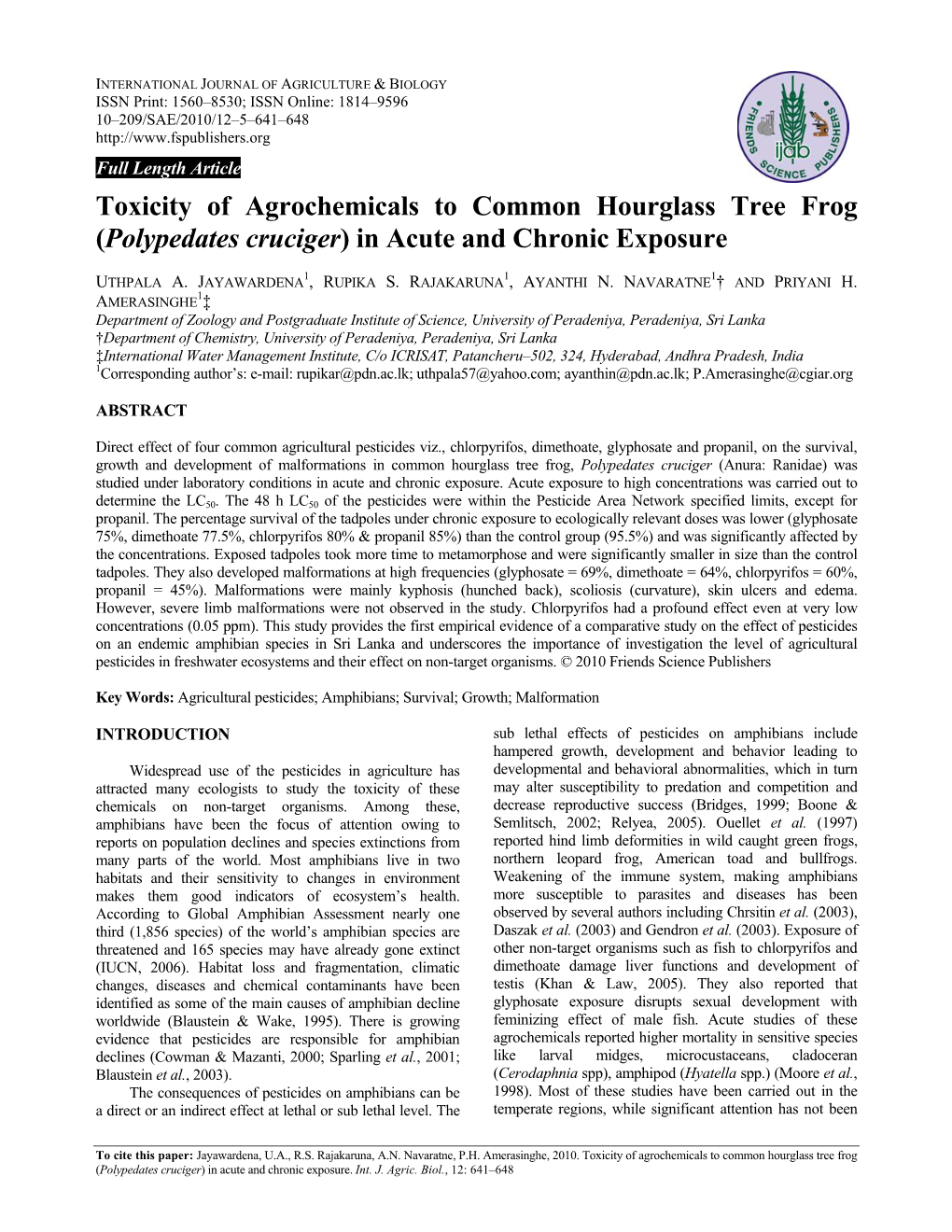 (Polypedates Cruciger) in Acute and Chronic Exposure