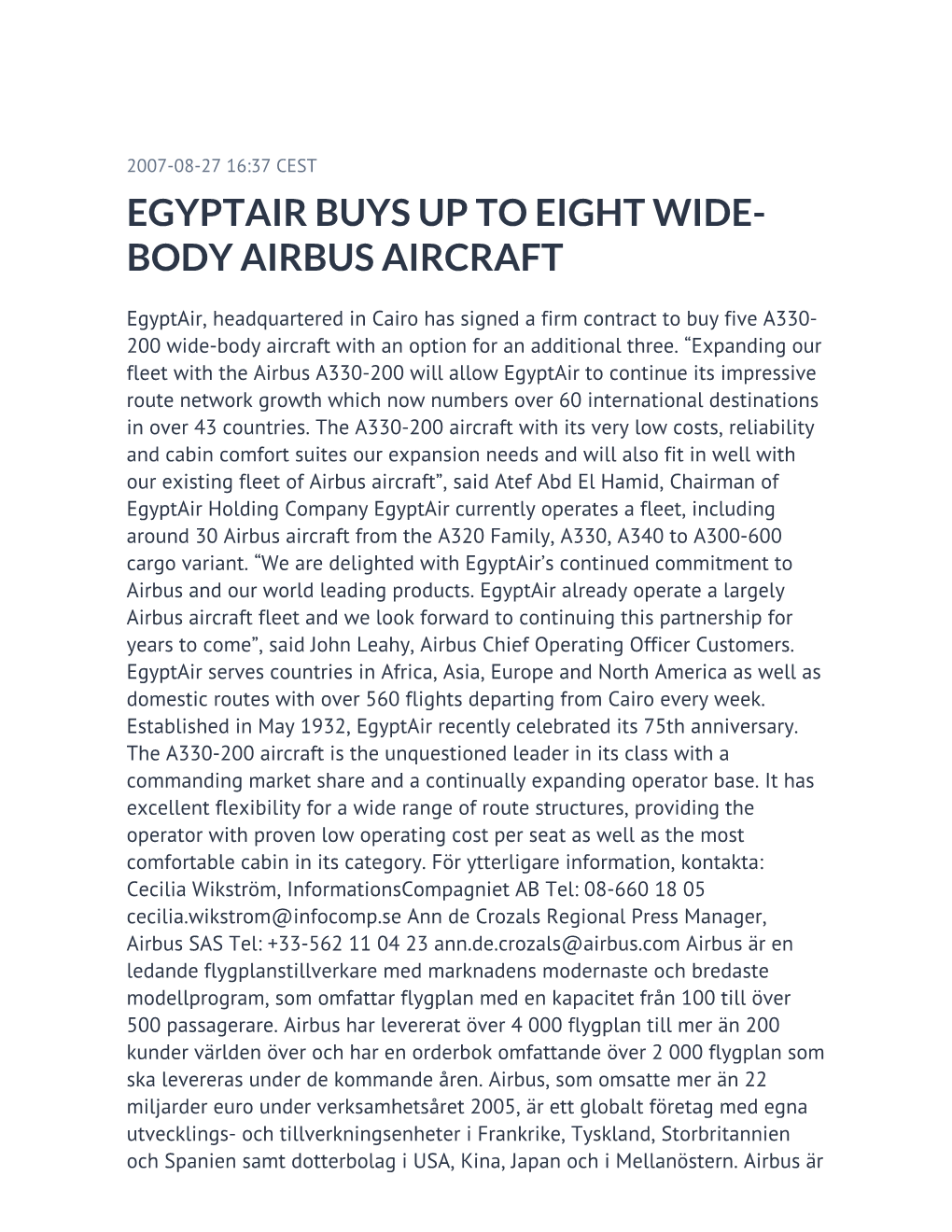 Egyptair Buys up to Eight Wide-Body Airbus Aircraft