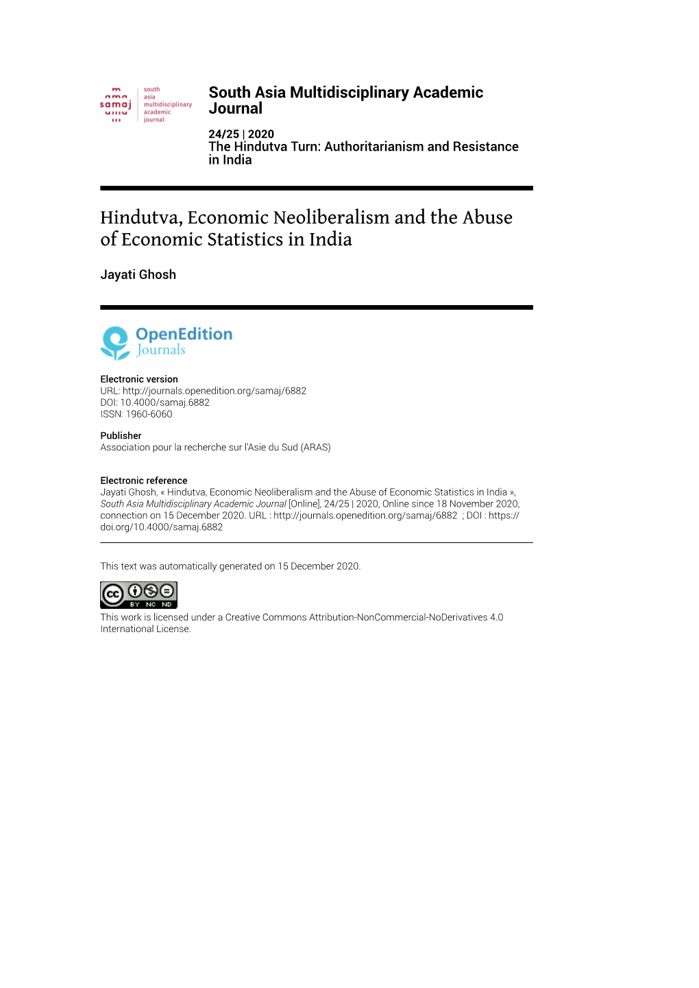 South Asia Multidisciplinary Academic Journal, 24/25 | 2020 Hindutva, Economic Neoliberalism and the Abuse of Economic Statistics in India 2