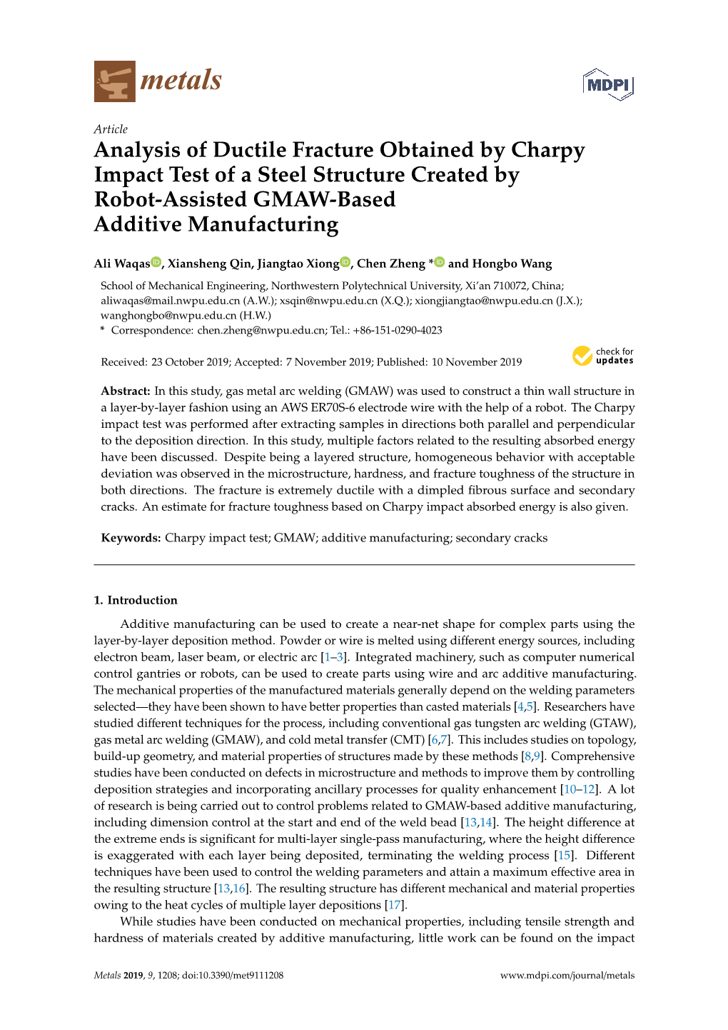 Analysis of Ductile Fracture Obtained by Charpy Impact Test of a Steel Structure Created by Robot-Assisted GMAW-Based Additive Manufacturing