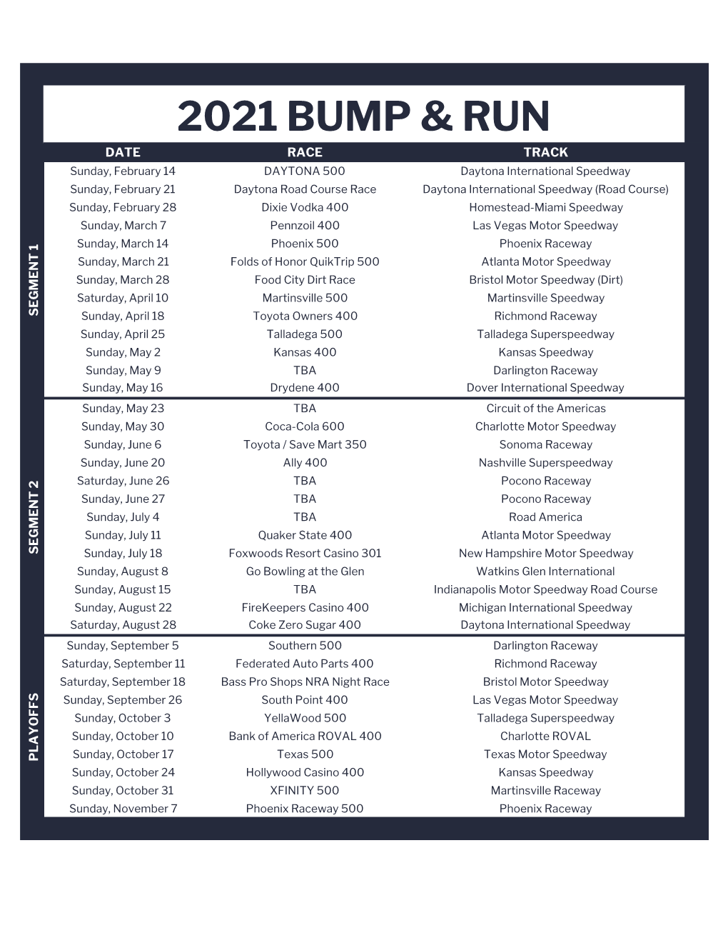 2021 Bnr Schedule