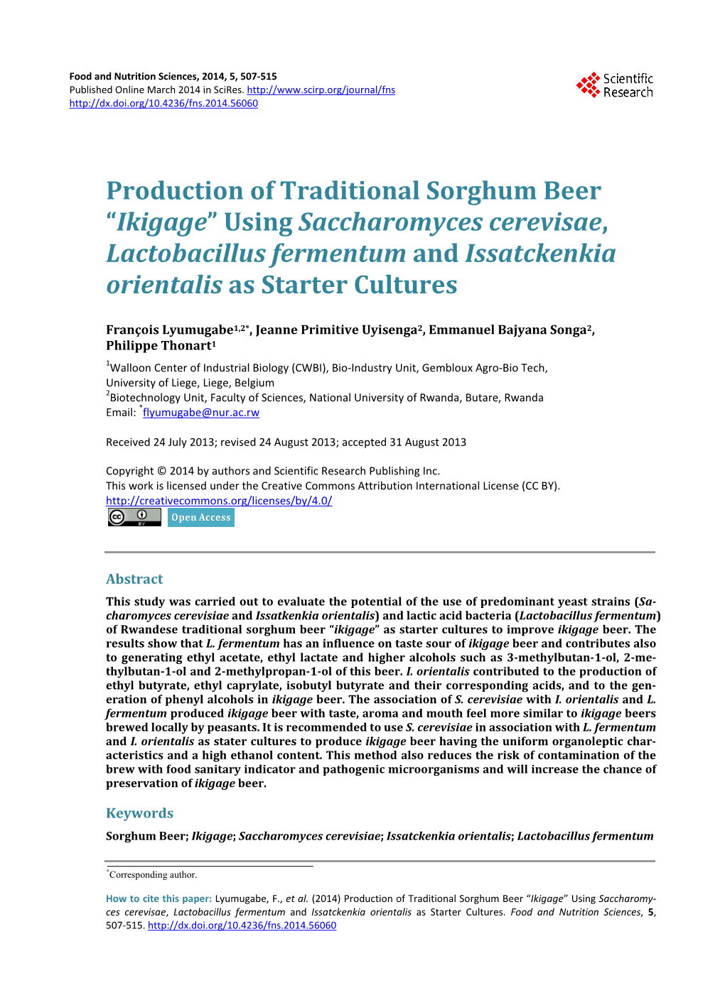 Production of Traditional Sorghum Beer “Ikigage” Using Saccharomyces Cerevisae, Lactobacillus Fermentum and Issatckenkia Orientalis As Starter Cultures