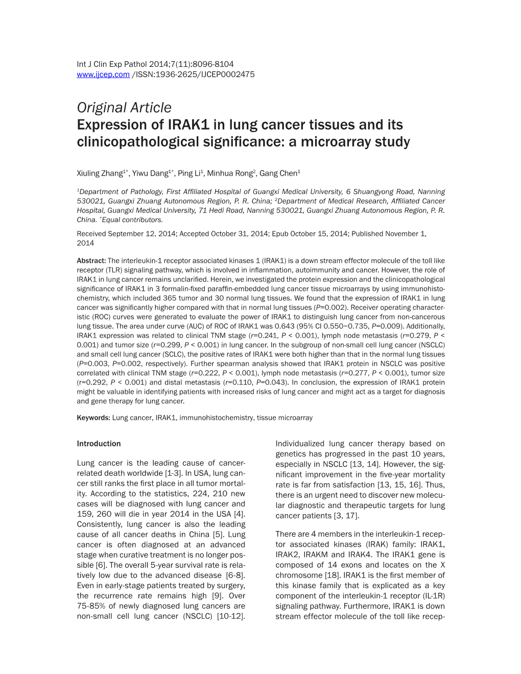 Original Article Expression of IRAK1 in Lung Cancer Tissues and Its Clinicopathological Significance: a Microarray Study